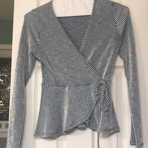 Long sleeve cute tie at waist. Blue and white stripes. Soft cotton mix